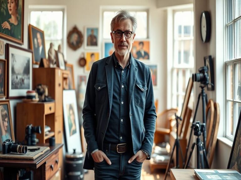 A dynamic portrait of John Rankin in his studio, surrounded by vibrant artwork and sports memorabilia, capturing his passion