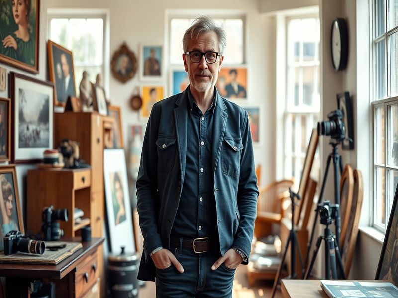 A dynamic portrait of John Rankin in his studio, surrounded by vibrant artwork and sports memorabilia, capturing his passion