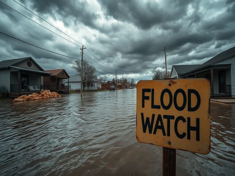 A dramatic image of a flood watch in action, showing dark clouds over a river with rising water levels, emphasizing urgency a