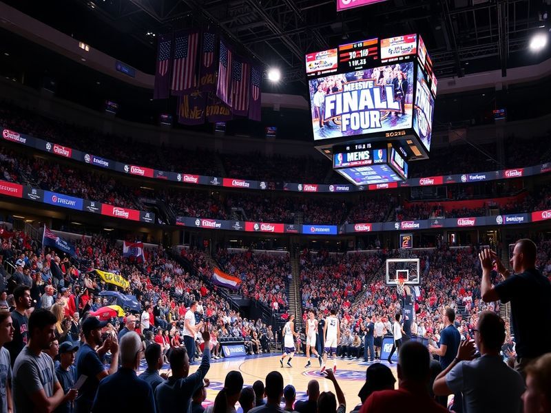 An action shot of a packed basketball arena during a NCAA tournament game, showcasing fans in team colors and players in dyna