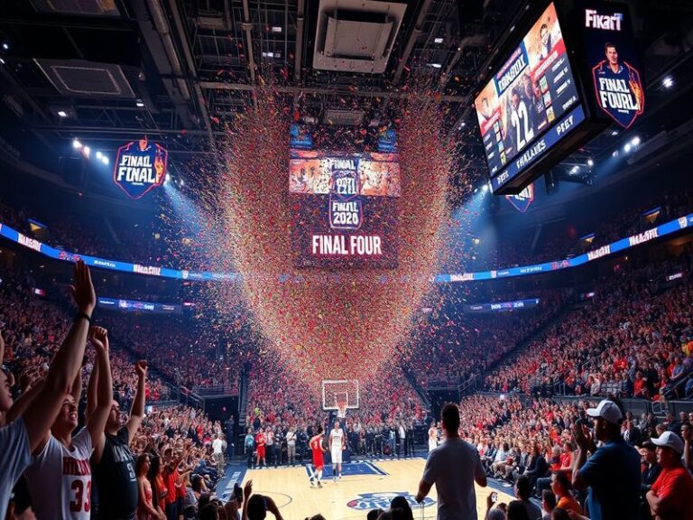 A vibrant scene of a packed basketball arena during the Men's Final Four, showcasing fans in team colors, cheerleaders, and t