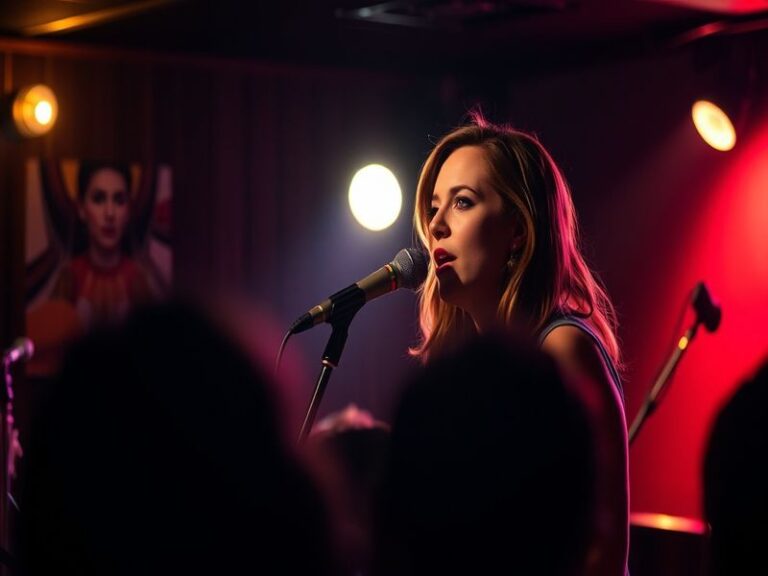 A portrait of Erica Meg Parkinson, smiling confidently in a community setting, surrounded by young people engaged in a creati