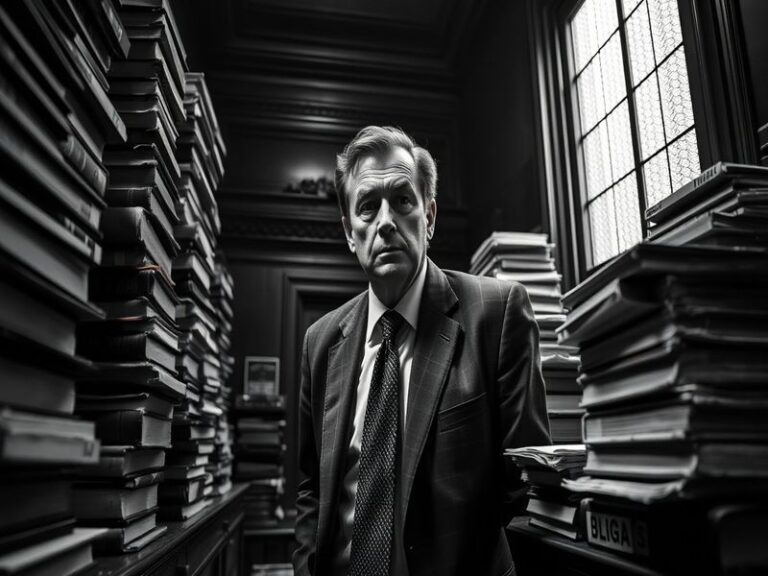 A courtroom scene depicting a gavel, legal books, and a judge's bench, conveying the seriousness and intricacies of the legal
