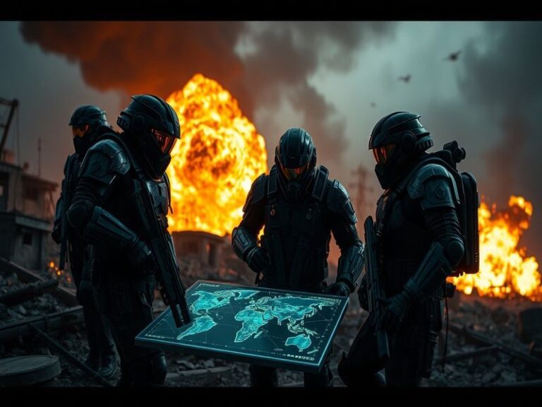 An action-packed scene from Arc Raiders showcasing players in combat against robotic enemies in a post-apocalyptic setting, w