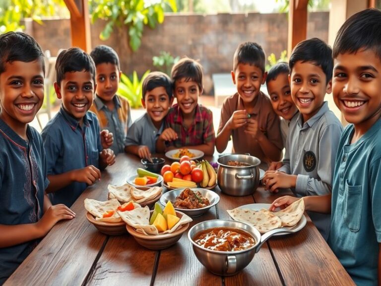 A vibrant breakfast spread featuring eggs, meats, fresh vegetables, and bread, set on a rustic wooden table in a cozy cafe se