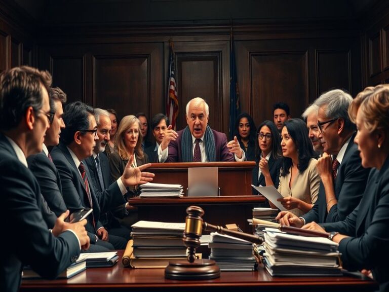 A courtroom scene featuring a judge, lawyers, and a defendant, capturing the seriousness of legal proceedings.