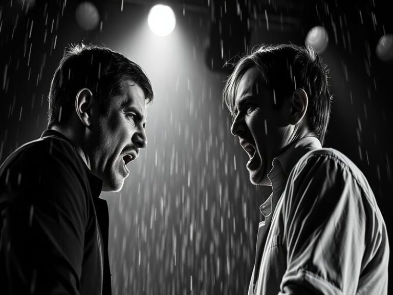 An engaging scene from a dramatic theater performance, showcasing actors in emotive poses with a spotlight highlighting their