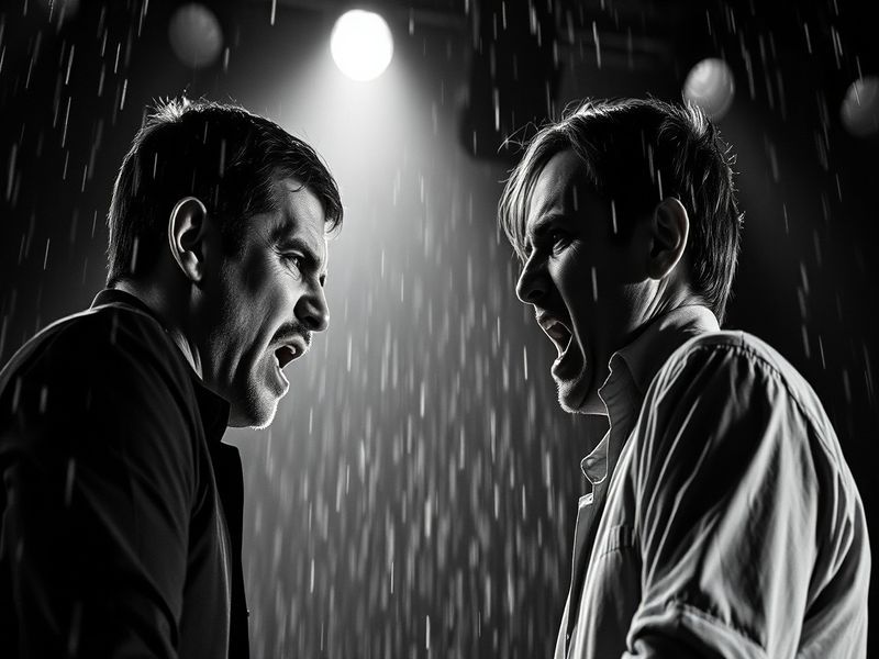 An engaging scene from a dramatic theater performance, showcasing actors in emotive poses with a spotlight highlighting their