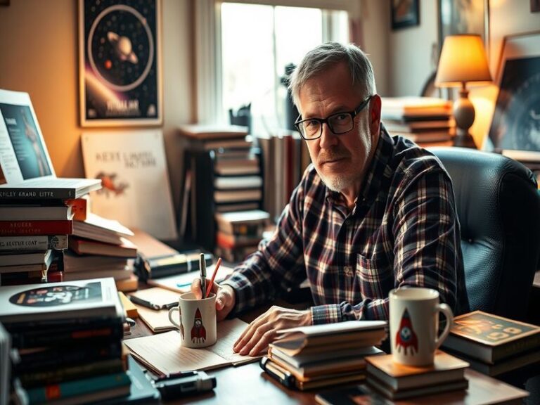 A visually engaging illustration of Andy Weir surrounded by elements representing space, science, and his notable works, conv