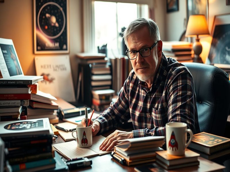 A visually engaging illustration of Andy Weir surrounded by elements representing space, science, and his notable works, conv