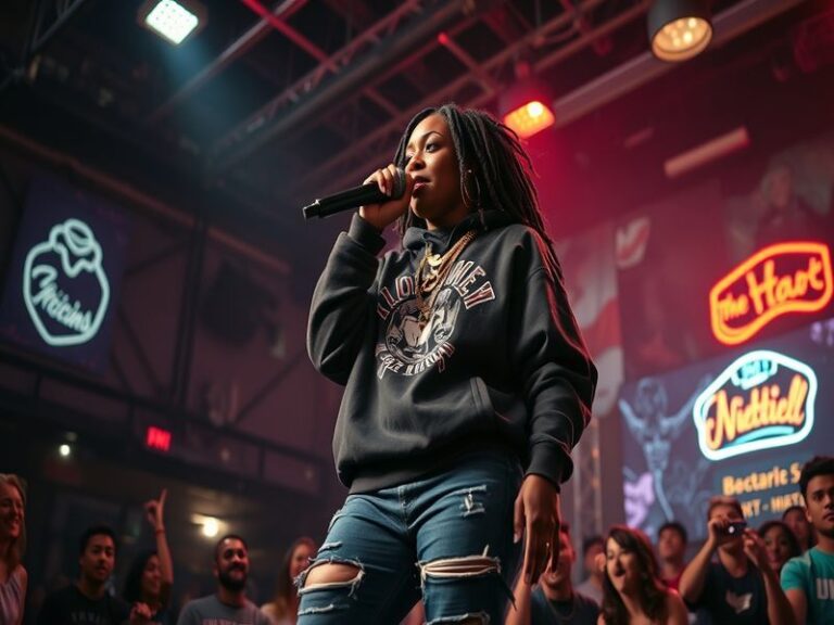 A dynamic shot of Ashley Warren performing on stage, showcasing her vibrant energy and passion for music, with a colorful bac