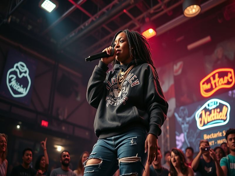 A dynamic shot of Ashley Warren performing on stage, showcasing her vibrant energy and passion for music, with a colorful bac
