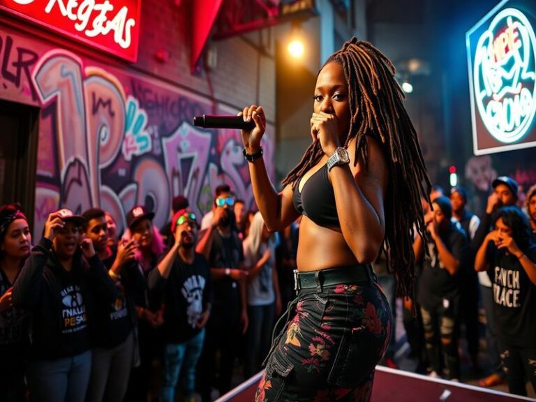 A dynamic image of Ashley Warren performing on stage, showcasing her vibrant energy and connection with the audience.