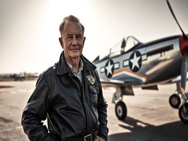 A vintage photograph of Bud Anderson in a pilot uniform, standing beside a P-51 Mustang, with a clear blue sky in the backgro