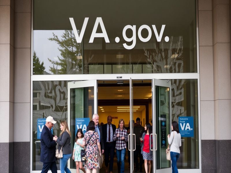 An image illustrating a veteran using a laptop, engaged with the VA.gov website, surrounded by supportive family members, con
