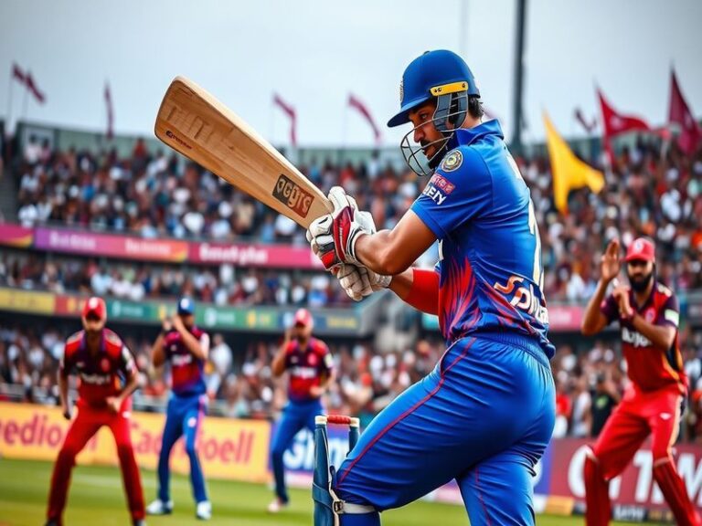 A vibrant cricket stadium filled with fans, featuring players from PBKS and GT in action, capturing the intensity of an IPL m