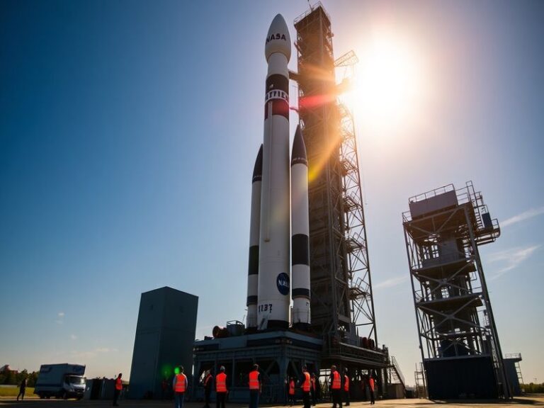 A visual of the Artemis II rocket on the launch pad, with a backdrop of a clear blue sky and the Moon visible in the distance