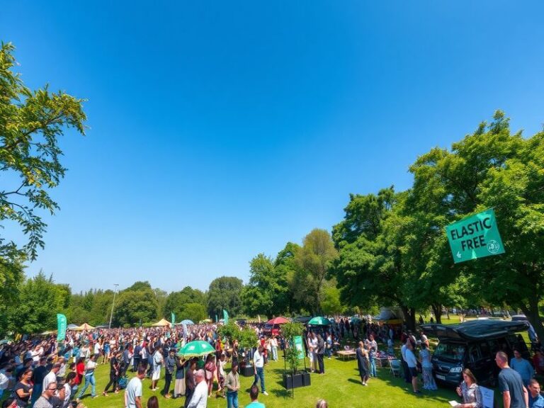 A vibrant image of a community planting trees, with volunteers of diverse backgrounds working together under a clear blue sky
