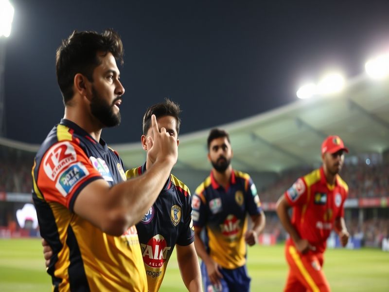 A vibrant cricket stadium filled with enthusiastic fans, displaying team colors of PBKS and GT, capturing the excitement of a