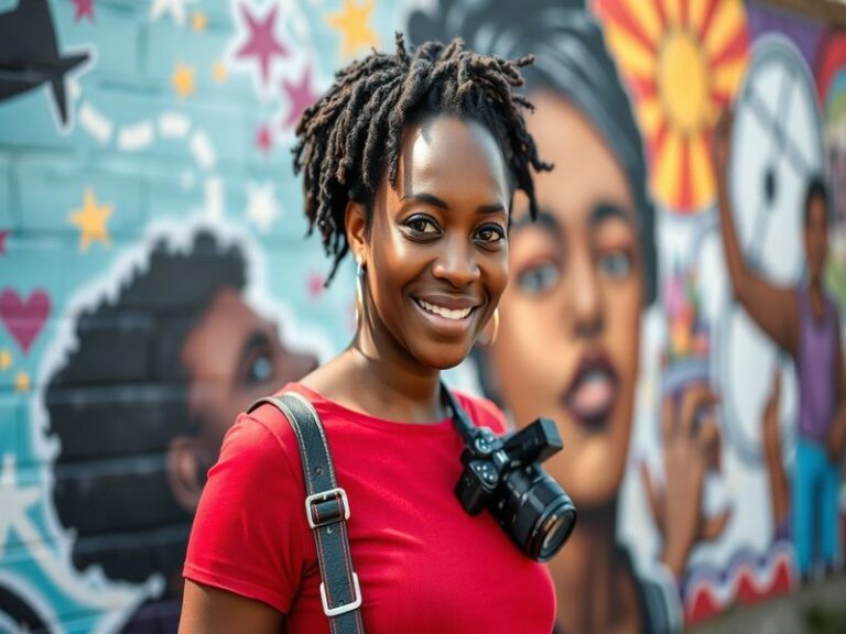 A portrait of Nia DaCosta in a creative studio setting, surrounded by film equipment and storyboards, conveying a sense of in