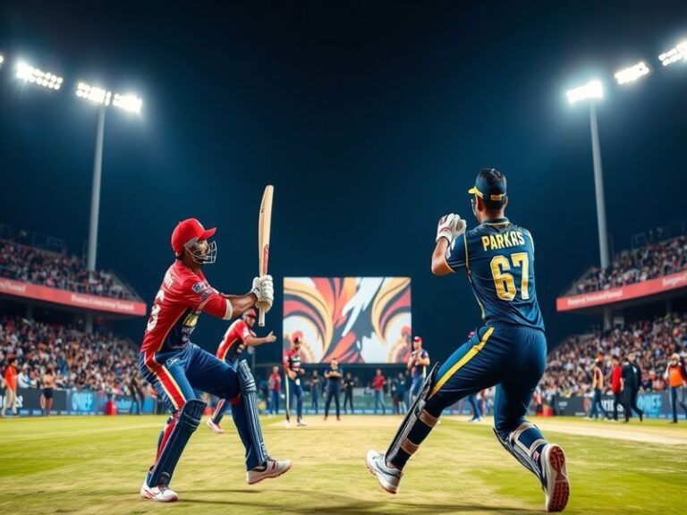 A dynamic cricket match scene showing players in action on the field with fans cheering in the background, capturing the exci