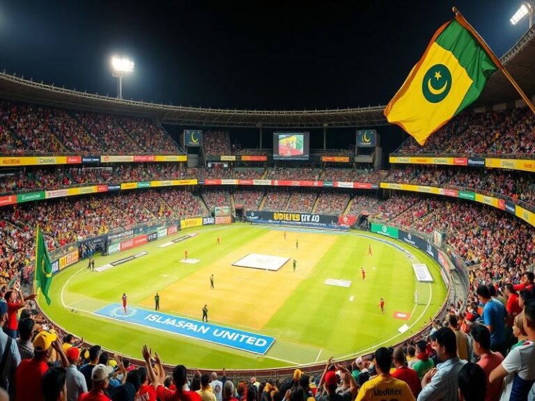 A vibrant stadium filled with cheering fans, showcasing Islamabad United and Peshawar Zalmi players in action during a thrill