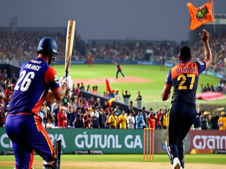 A vibrant cricket stadium filled with passionate fans, showcasing players from PBKS and GT in action, capturing the excitemen