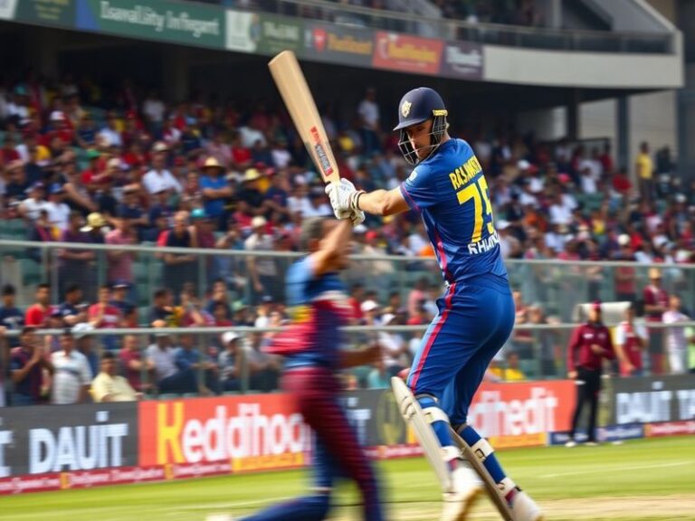 A vibrant cricket stadium filled with fans cheering for Islamabad United and Peshawar Zalmi, showcasing team colors and enthu