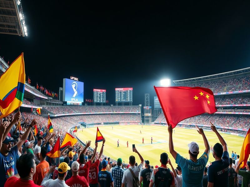 A vibrant cricket stadium filled with enthusiastic fans waving flags, showcasing the excitement of an IPL match day.