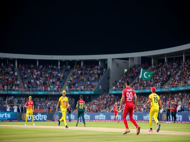 A vibrant cricket stadium filled with passionate fans, showcasing the intense atmosphere during a match between Islamabad Uni