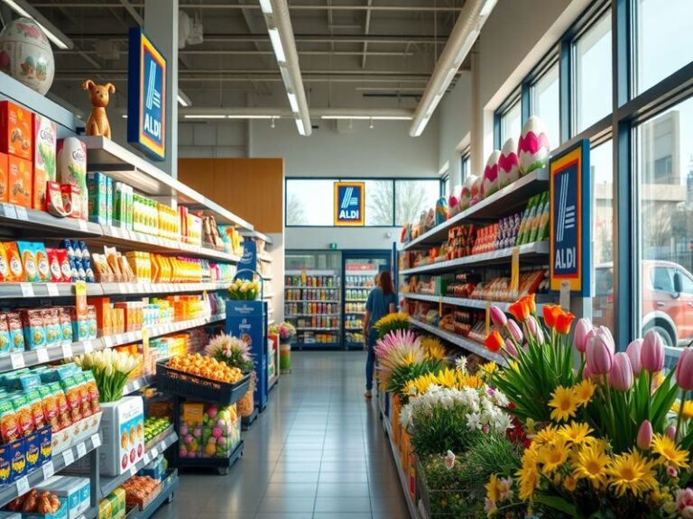 A vibrant display of Aldi's Easter products, featuring colorful chocolate bunnies, fresh produce, and festive decorations in