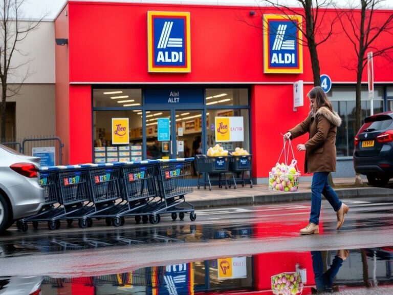 A vibrant display of Aldi's Easter products, featuring chocolate eggs, hot cross buns, and festive decorations, set against a