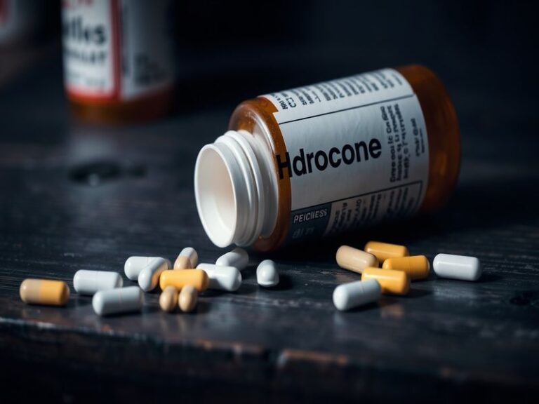 An informative graphic showing hydrocodone pills alongside a prescription pad, with a background depicting a healthcare setti