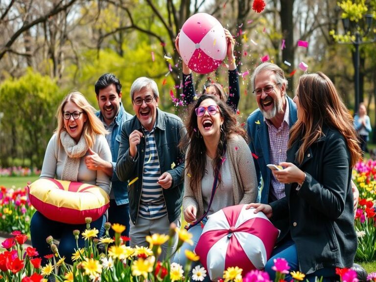 A collage featuring playful April Fools' Day pranks, including fake products, children laughing, and people pulling harmless