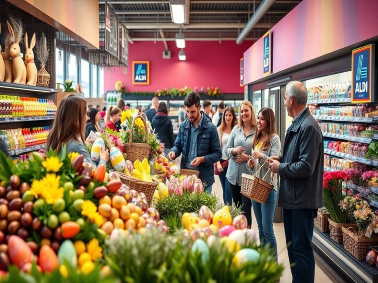 A vibrant display of Easter products at an Aldi store, featuring colorful chocolate eggs, festive decorations, and seasonal b
