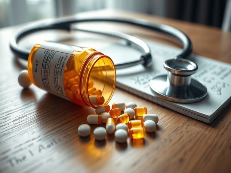 An image of hydrocodone pills alongside a prescription bottle, depicting the topic of pain management and medication.