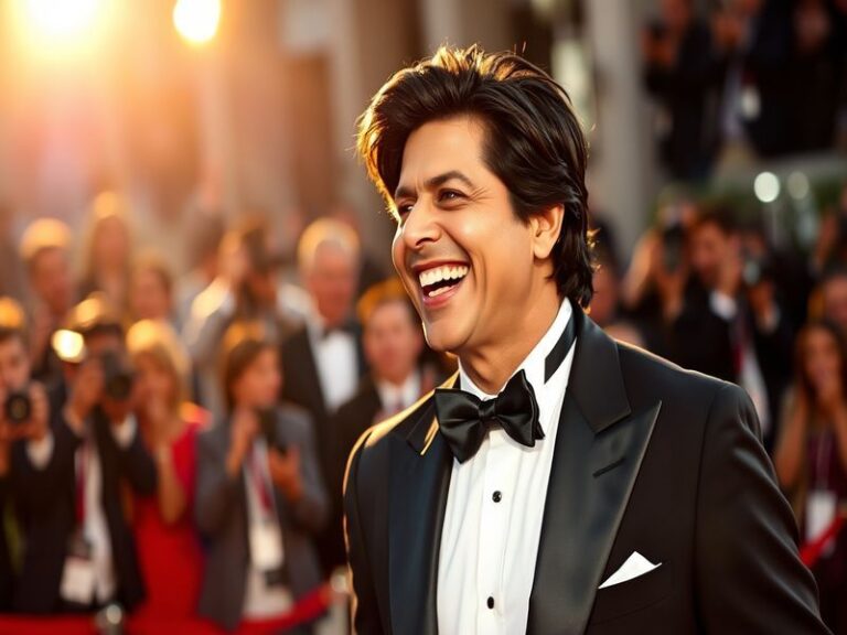 A vibrant portrait of Shah Rukh Khan on a film set, showcasing his charismatic smile, with colorful film posters in the backg