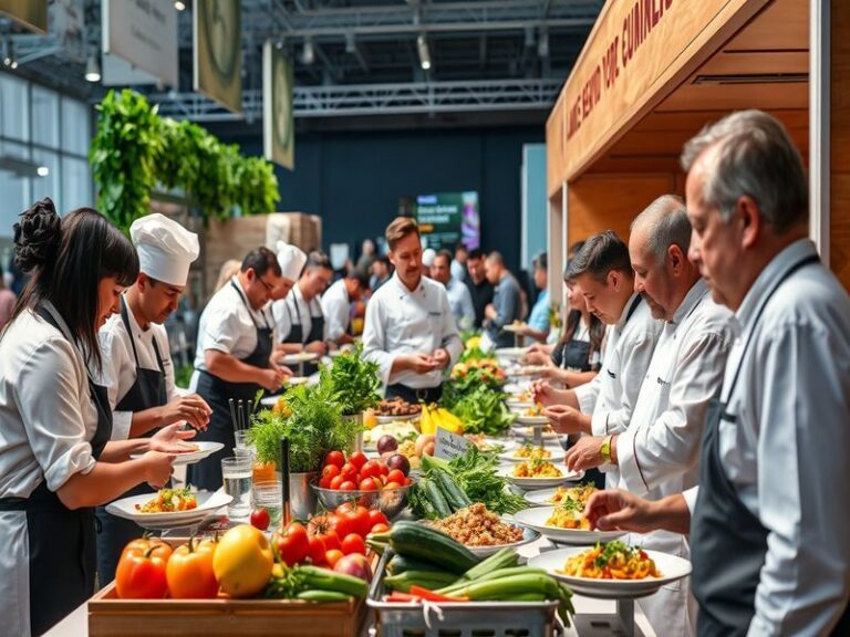 A vibrant photo of a diverse group of chefs working in a modern kitchen, showcasing various cooking techniques and ingredient