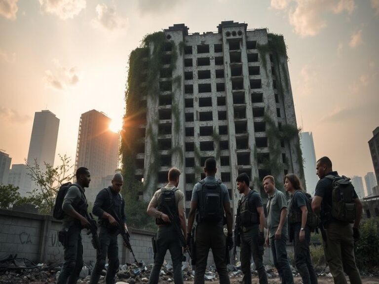 An action-packed scene from The Division showing players in tactical gear strategizing in an urban environment, showcasing th