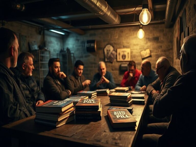 A digital collage representing various aspects of the manosphere, featuring symbols of men's rights, self-improvement, and co