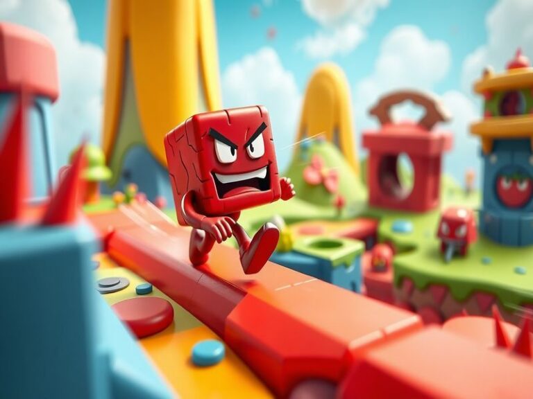An illustration depicting Super Meat Boy in a vibrant 3D world, showcasing dynamic environments, playful characters, and a se
