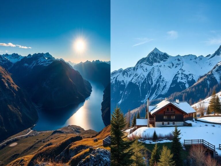 A scenic view showcasing the fjords of Norway juxtaposed with the majestic Alps of Switzerland, highlighting their natural be