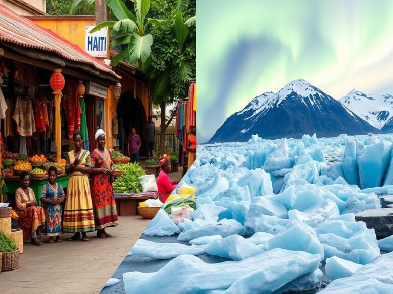 A split image showcasing the vibrant streets of Haiti with colorful art and the stunning landscapes of Iceland featuring geys