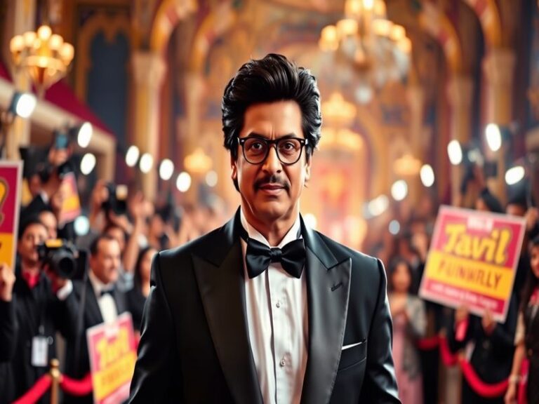 A charismatic portrait of Shah Rukh Khan, showcasing his iconic smile and stylish attire, set against a vibrant Bollywood fil