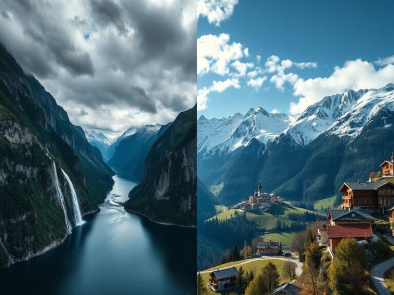 A split image showcasing the fjords of Norway on one side and the Alps of Switzerland on the other, highlighting their natura