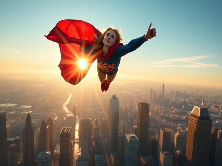 A dynamic still from the Supergirl trailer featuring the hero in flight against a vibrant city skyline, showcasing her iconic
