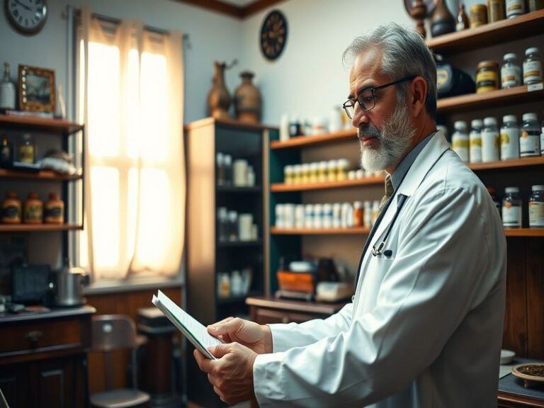 An image of a traditional Persian doctor in a clinic, surrounded by patients and cultural artifacts, reflecting the blend of