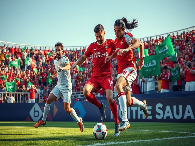 A dynamic image of the Serbia vs Saudi Arabia match, featuring players in action with the stadium filled with enthusiastic fa