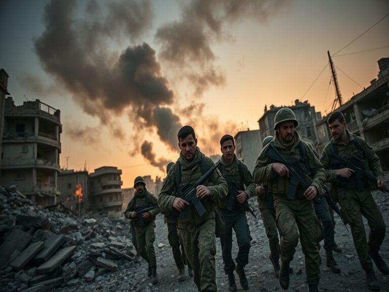 A dramatic image depicting a war-torn landscape in Iran, showcasing ruined buildings and a somber atmosphere.
