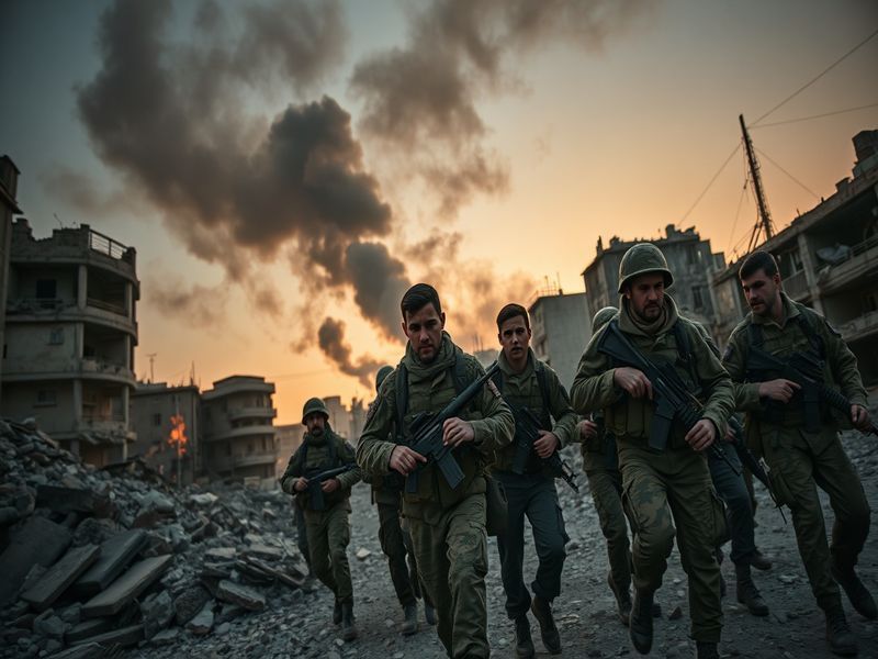 A dramatic image depicting a war-torn landscape in Iran, showcasing ruined buildings and a somber atmosphere.